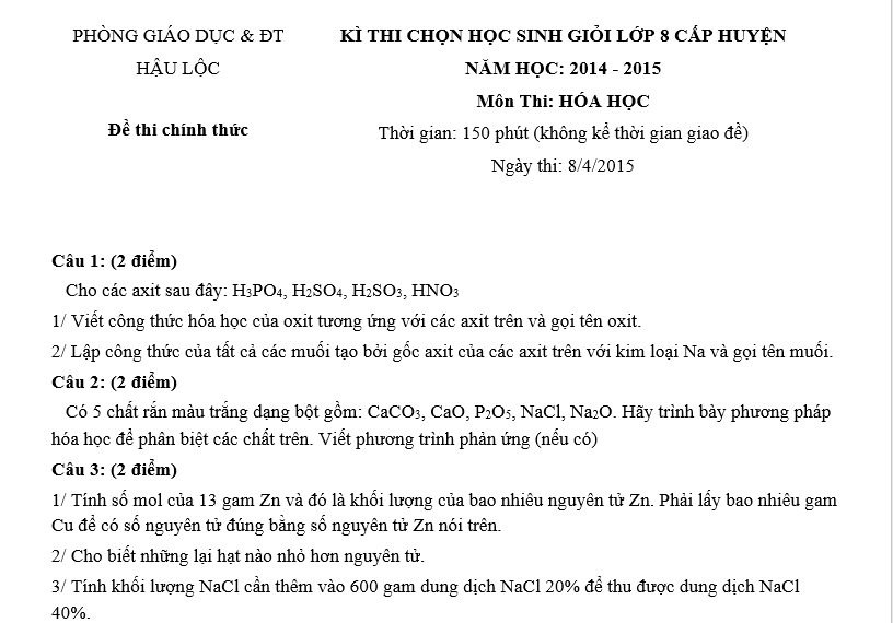 Đề thi HSG môn hóa học 8 huyện Hậu Lộc - Thanh Hóa