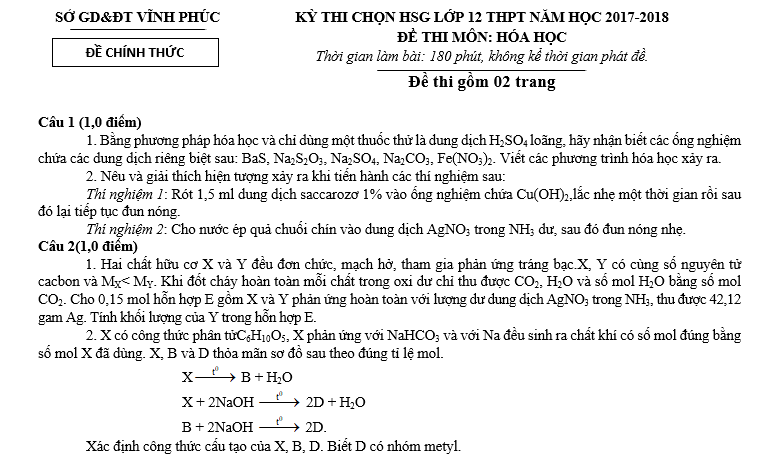 Đề thi HSG môn Hóa 12 Tỉnh Vĩnh Phúc 2017-2018