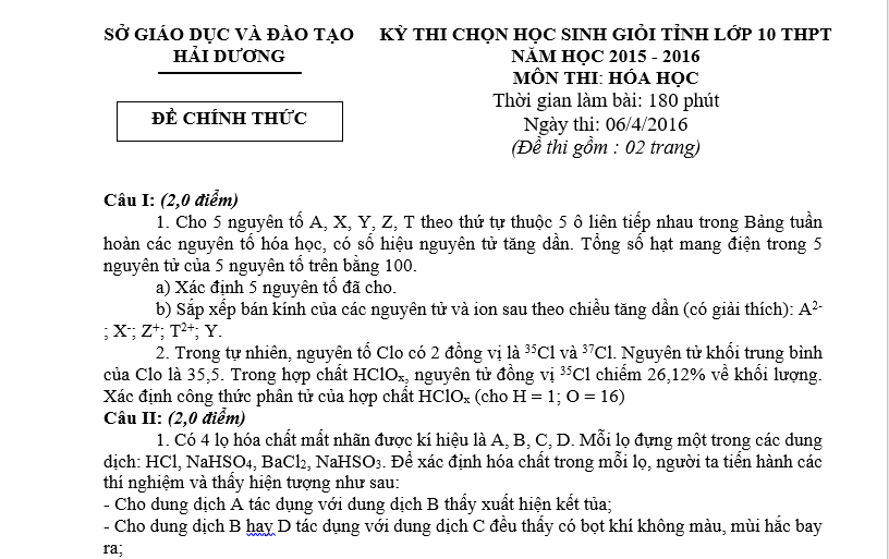 Đề thi HSG Hóa 10 tỉnh Hải Dương năm 2015-2016