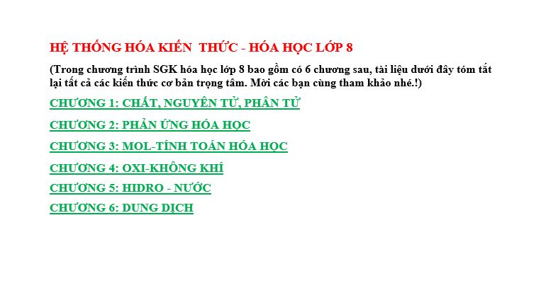 Hệ thống hóa kiến thức Hóa học lớp 8 cả năm