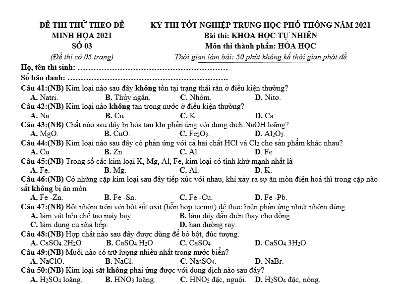 Đề thi thử TN THPT QG năm 2021 môn Hóa Học