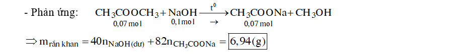 Đun nóng 5,18 gam metyl axetat với 100ml dung dich NaOH 1M đến phản ứng hoàn toàn. Cô cạn dung dịch sau phản ứng, thu được m gam chất rắn khan. Giá trị của m là