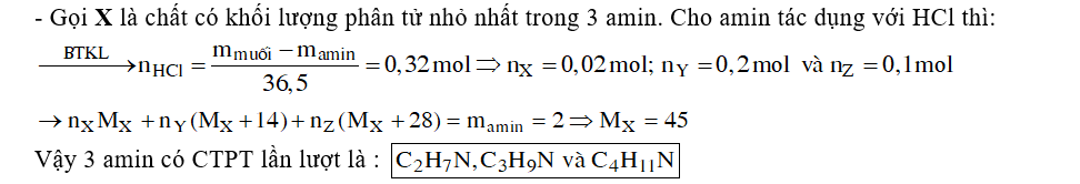 Cho 20 gam hỗn hợp gồm 3 amin no, đơn chức, là đồng đẳng liên tiếp của nhau (được trộn theo tỉ lệ mol 1 : 10 : 5 và thứ tự phân tử khối tăng dần) tác dụng vừa đủ với dung dịch HCl, thu được 31,68 gam hỗn hợp muối. Công thức phân tử của ba amin là