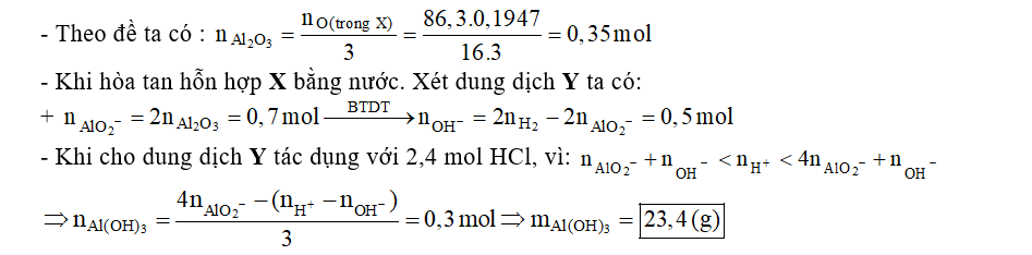 Cho 86,3 gam hỗn hợp X gồm Na, K, Ba và Al2O3 (trong đó oxi chiếm 19,47% về khối lượng) tan hết vào nước, thu được dung dịch Y và 13,44 lít khí H2 (đktc). Cho 3,2 lít dung dịch HCl 0,75M vào dung dịch Y. Sau khi các phản ứng xảy ra hoàn toàn, thu được m gam kết tủa. Giá trị của m là