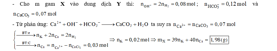 Cho m gam hỗn hợp X gồm K, Ca tan hết vào dung dịch Y chứa 0,12 mol NaHCO3 và 0,04 mol CaCl2, sau phản ứng thu được 7 gam kết tủa và thấy thoát ra 0,896 lít khí (đktc). Giá trị của m là