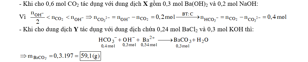 Sục 13,44 lít CO2 (đktc) vào 200 ml dung dịch X gồm Ba(OH)2 1,5M và NaOH 1M. Sau phản ứng thu được dung dịch Y. Cho dung dịch Y tác dụng với 200 ml dung dịch hỗn hợp BaCl2 1,2M và KOH 1,5M thu được m gam kết tủa. Giá trị của m là