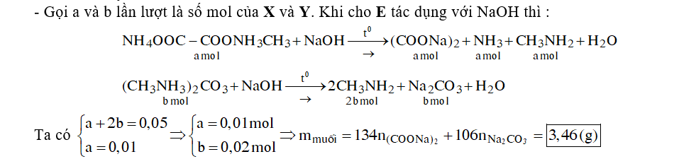 Hỗn hợp E gồm chất X (C3H10N2O4) và chất Y (C3H12N2O3). X là muối của axit hữu cơ đa chức, Y là muối của một axit vô cơ. Cho 3,86 gam E tác dụng với dung dịch NaOH dư, đun nóng, thu được 0,06 mol hai chất khí (có tỉ lệ mol 1 : 5) và dung dịch chứa m gam muối. giá trị của m là