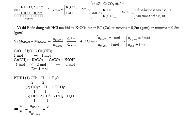 Nung m gam hỗn hợp X gồm KHCO3 và CaCO3 ở nhiệt độ cao đến khối lượng không đổi, thu được chất rắn Y. Cho Y vào nước dư, thu được 0,2m gam chất rắn Z và dung dịch E