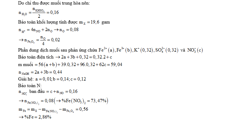 Cho m gam hỗn hợp X gồm Fe, Fe3O4 và Fe(NO3)2 tan hết trong 320 ml dung dịch KHSO4 1M